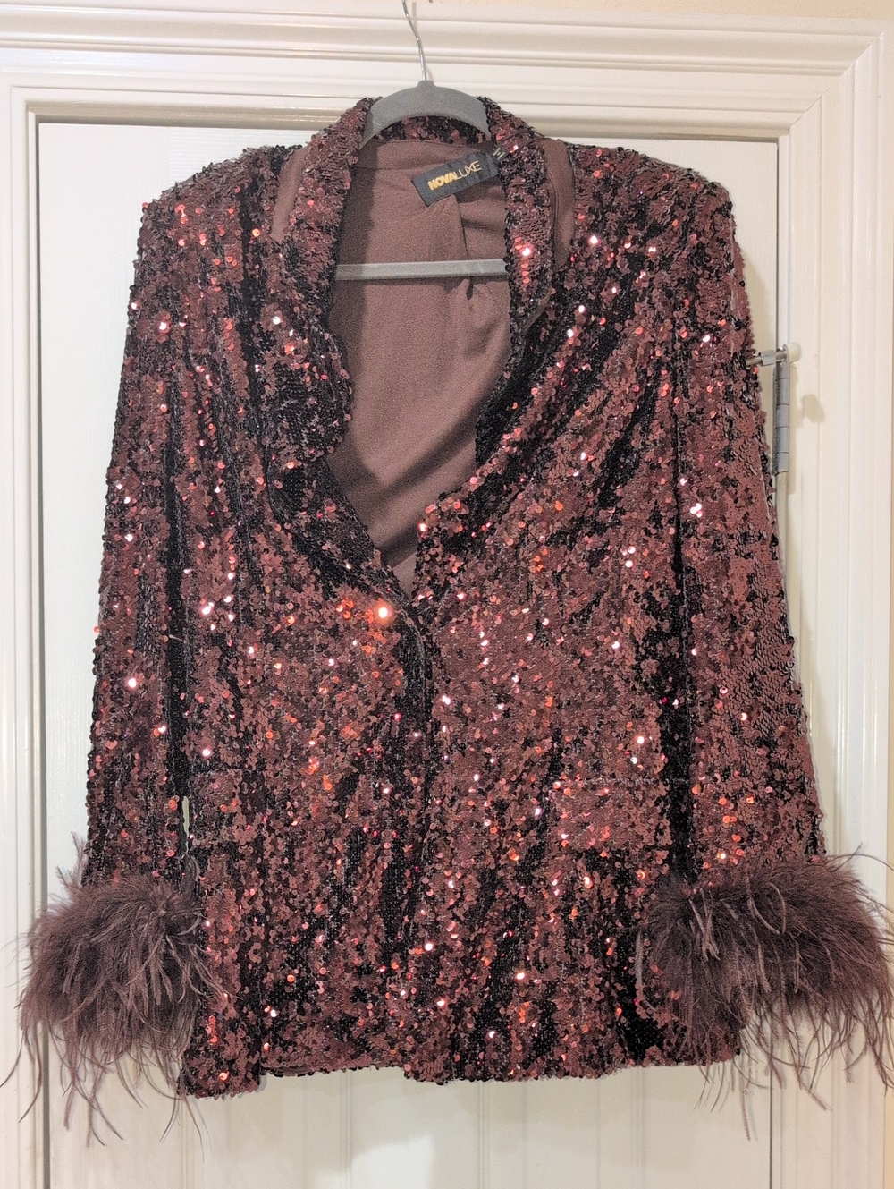 Bronze Sequin Feather-Cuff Blazer